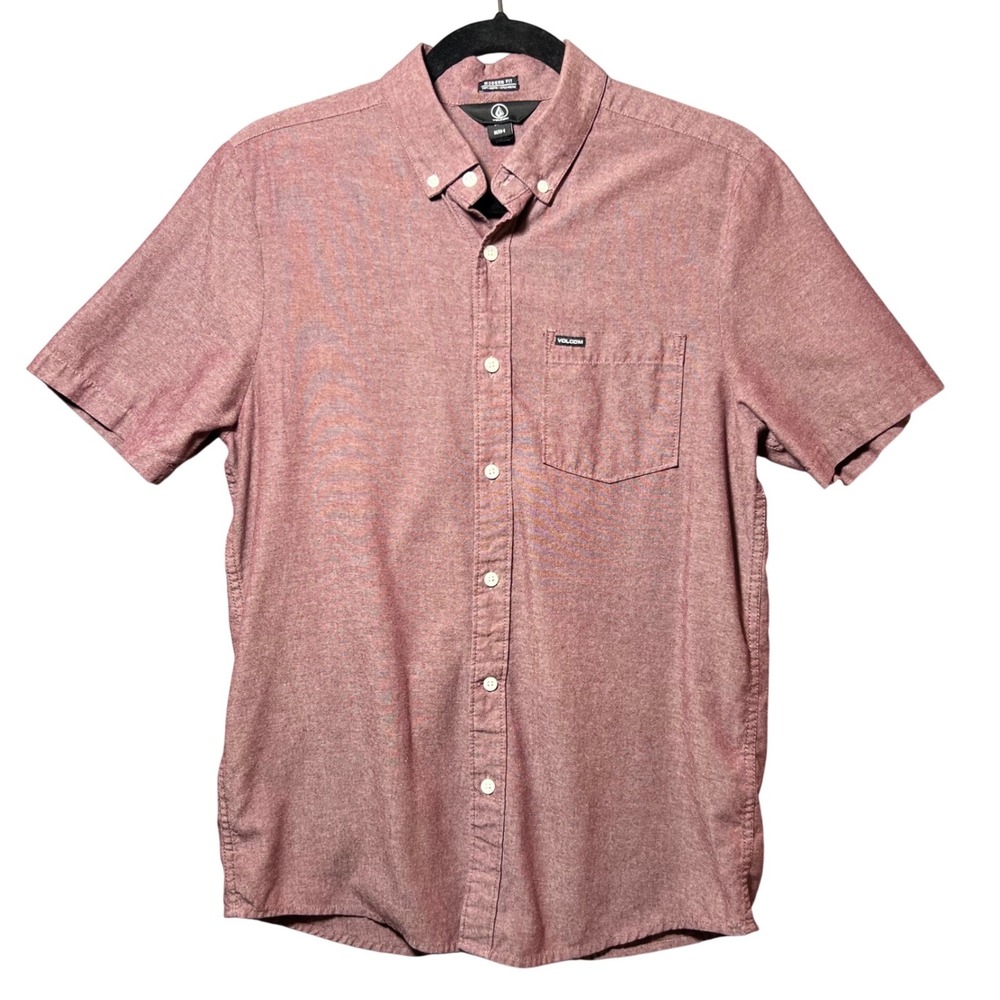 Volcom Mens Modern Fit Short Sleeve Button Down Shirt Burgundy Small